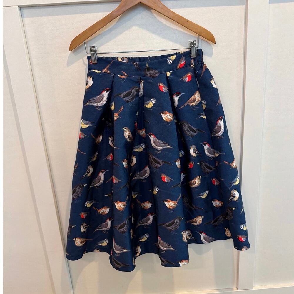 Missmny Blue Bird Print A-Line Midi Skirt Size Small Nature Bird Pattern